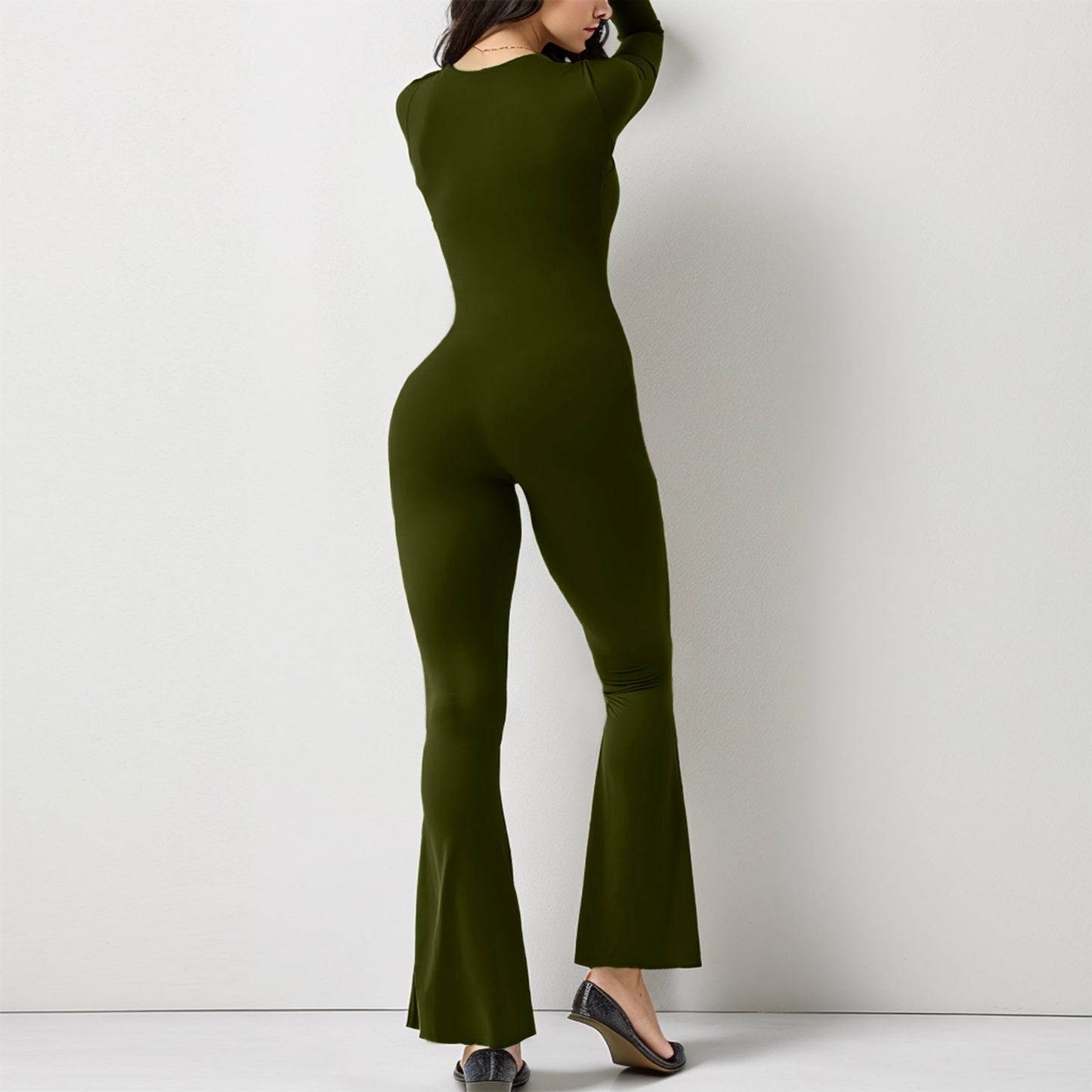 Square Collar Wide Leg High Elastic Jumpsuit for Women with Long Sleeve Belly Waist Shaping and Hip Lift