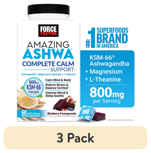 (3 Pack)  Amazing Ashwa Complete Calm Support, KSM-66 Ashwagandha for Stress Relief, Relaxation & Sleep, Blueberry-Pomegranate, 60 Soft Chews