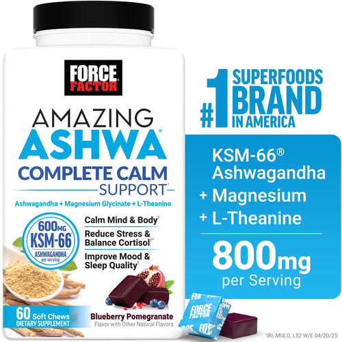 (3 Pack)  Amazing Ashwa Complete Calm Support, KSM-66 Ashwagandha for Stress Relief, Relaxation & Sleep, Blueberry-Pomegranate, 60 Soft Chews