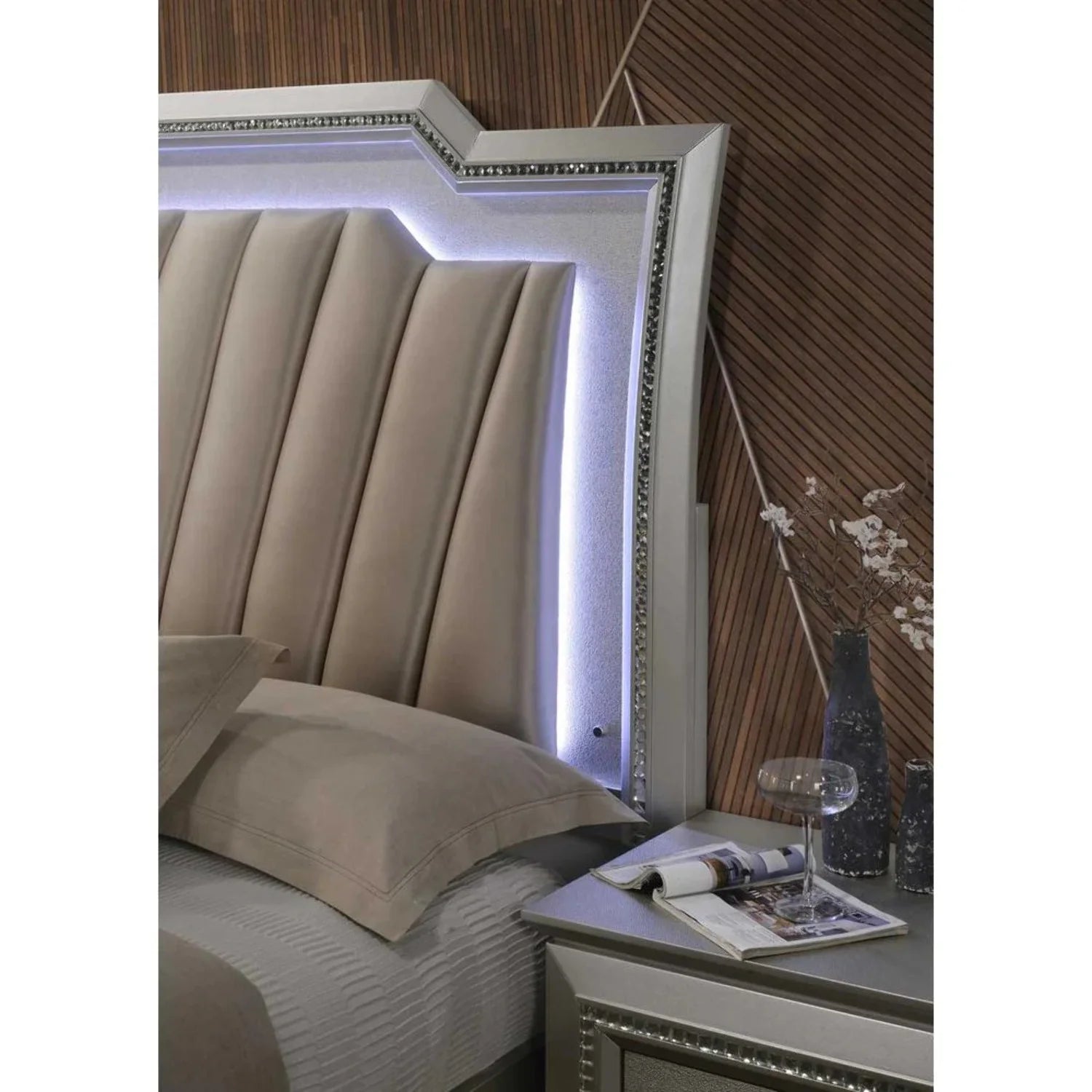 Acme Kaitlyn Bed with LED Headboard in PU and Champagne, Multiple Size