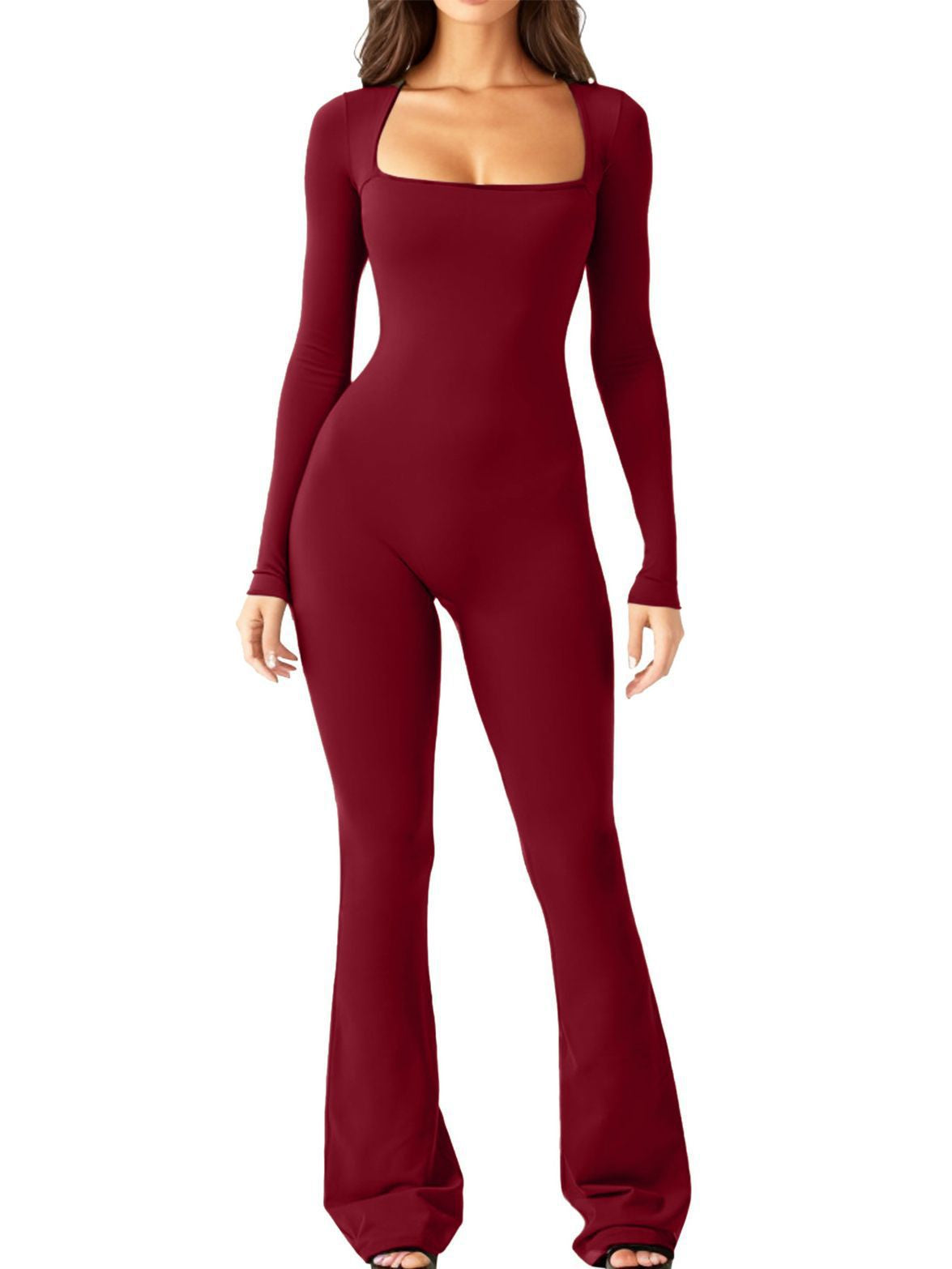 Square Collar Wide Leg High Elastic Jumpsuit for Women with Long Sleeve Belly Waist Shaping and Hip Lift