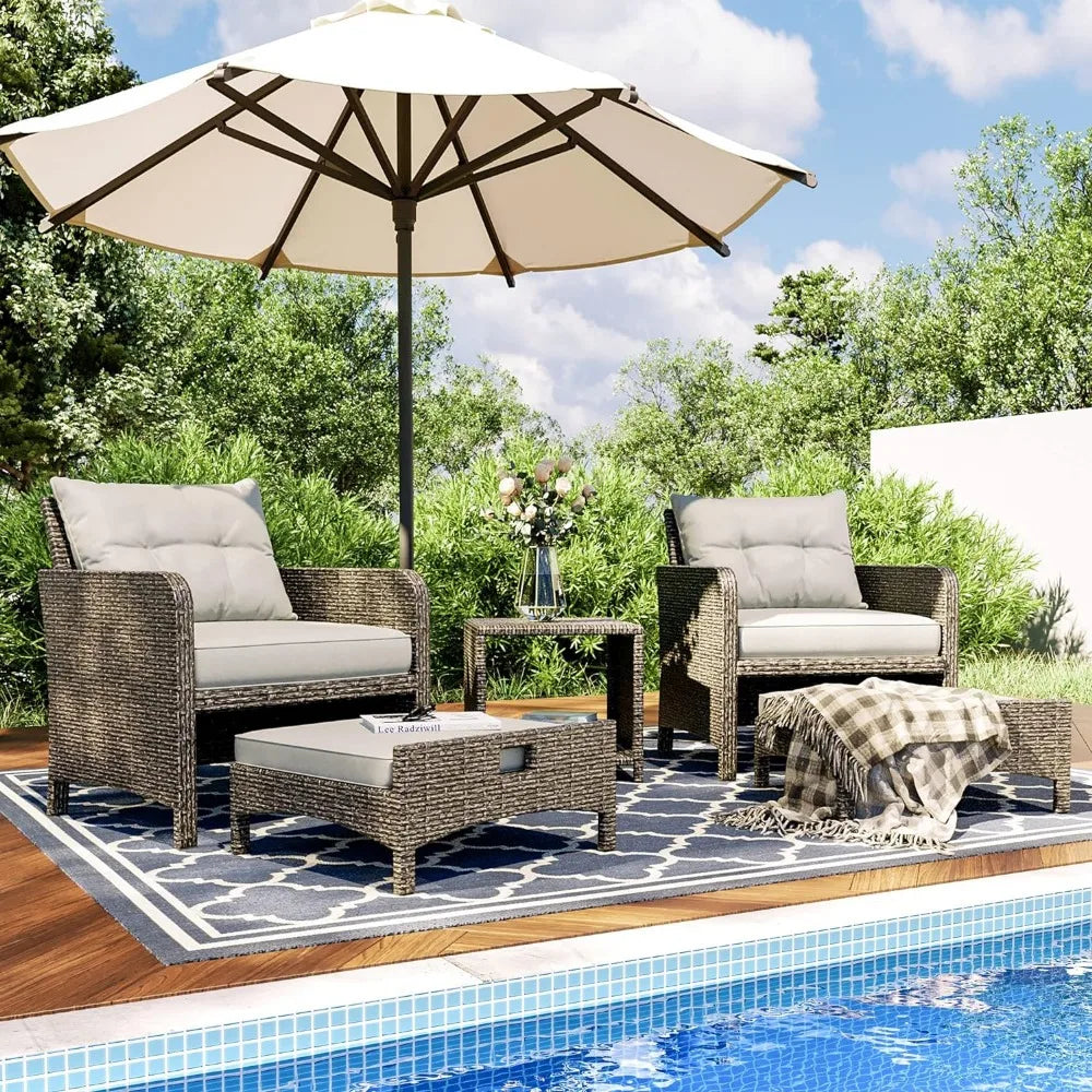 5 Pieces Wicker Patio Furniture Set, Outdoor Chairs with Ottomans Conversation Furniture with Coffetable, Garden Furniture Set