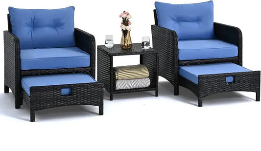 5 Pieces Wicker Patio Furniture Set, Outdoor Chairs with Ottomans Conversation Furniture with Coffetable, Garden Furniture Set