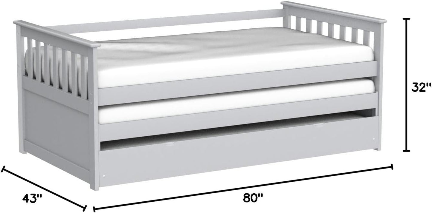 Daybed & Roll-Out Bed (15" H) Twin Size Sofa Bed Living Room Guest Bed Bedroom Box Spring Not Required, Shelter Style Day Bed Armrest, Slat Included (12+12+12), Easy Assembly, White Finish