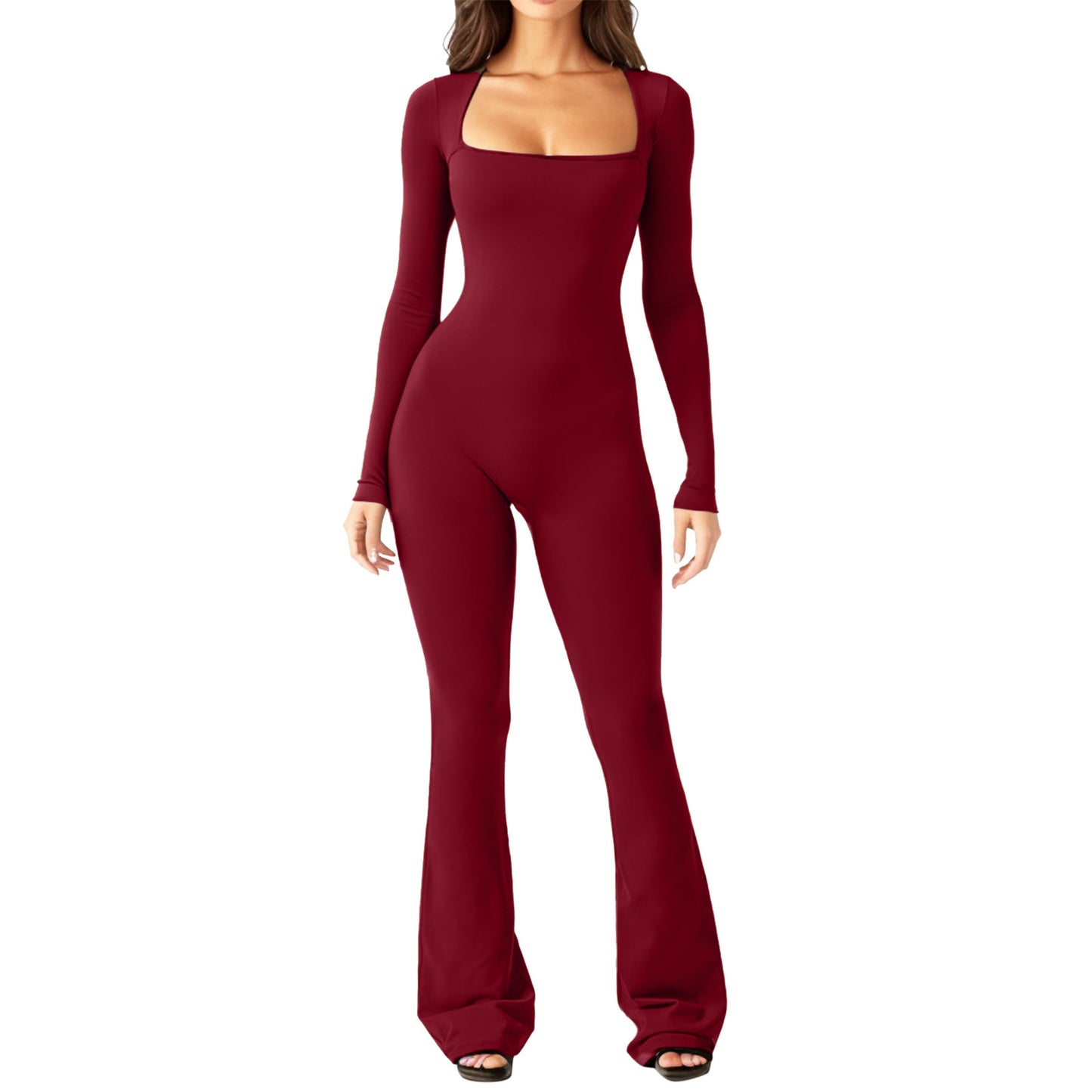 Square Collar Wide Leg High Elastic Jumpsuit for Women with Long Sleeve Belly Waist Shaping and Hip Lift