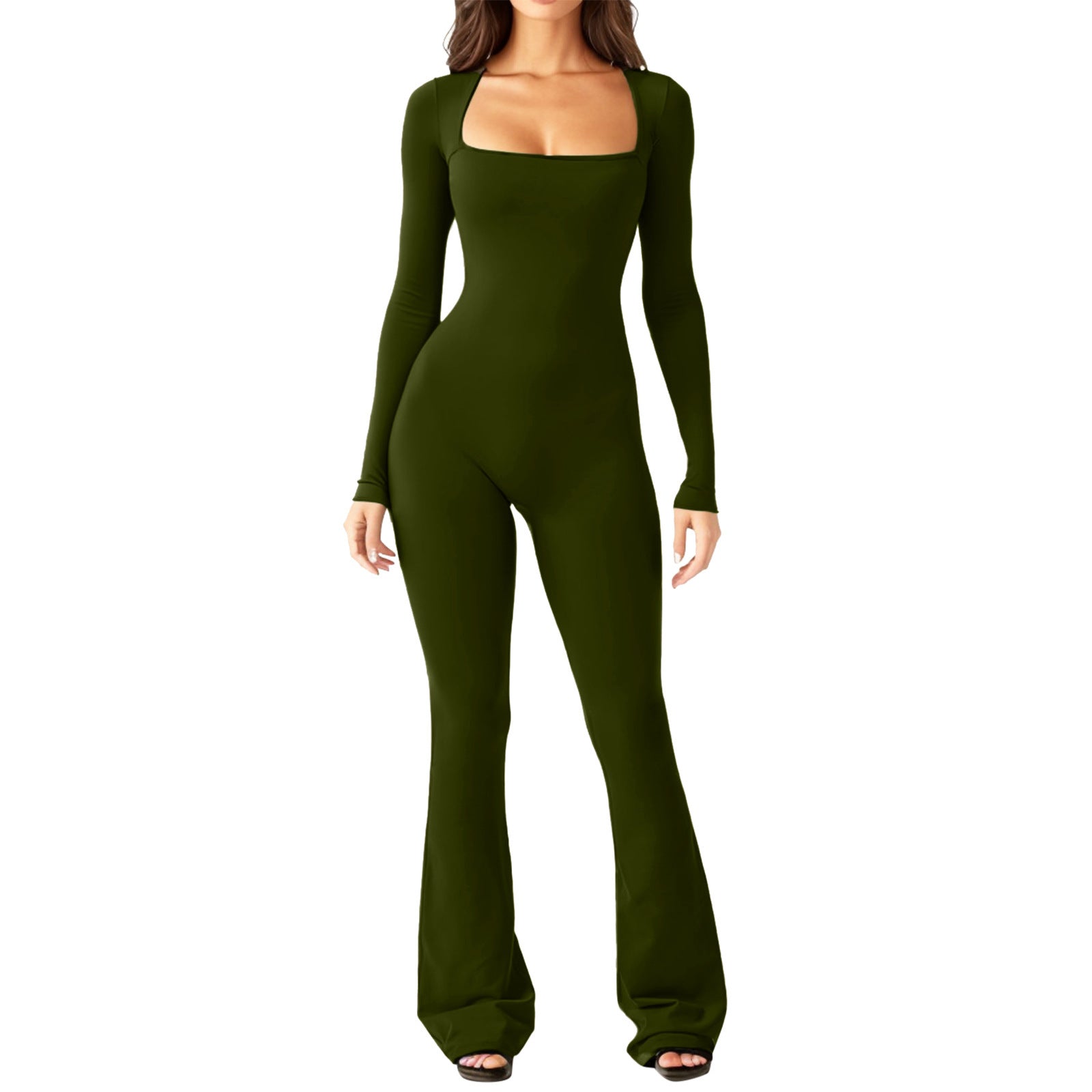 Square Collar Wide Leg High Elastic Jumpsuit for Women with Long Sleeve Belly Waist Shaping and Hip Lift