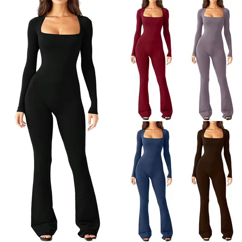 Square Collar Wide Leg High Elastic Jumpsuit for Women with Long Sleeve Belly Waist Shaping and Hip Lift