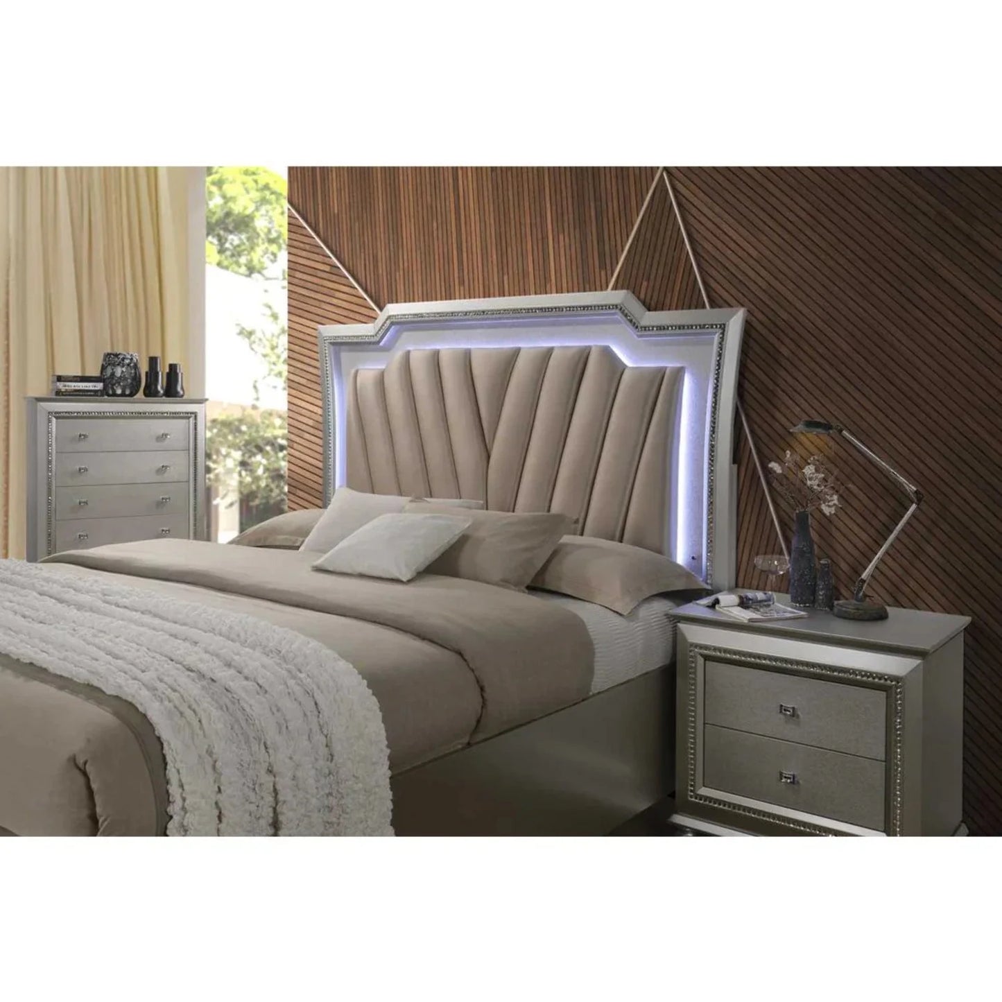 Acme Kaitlyn Bed with LED Headboard in PU and Champagne, Multiple Size