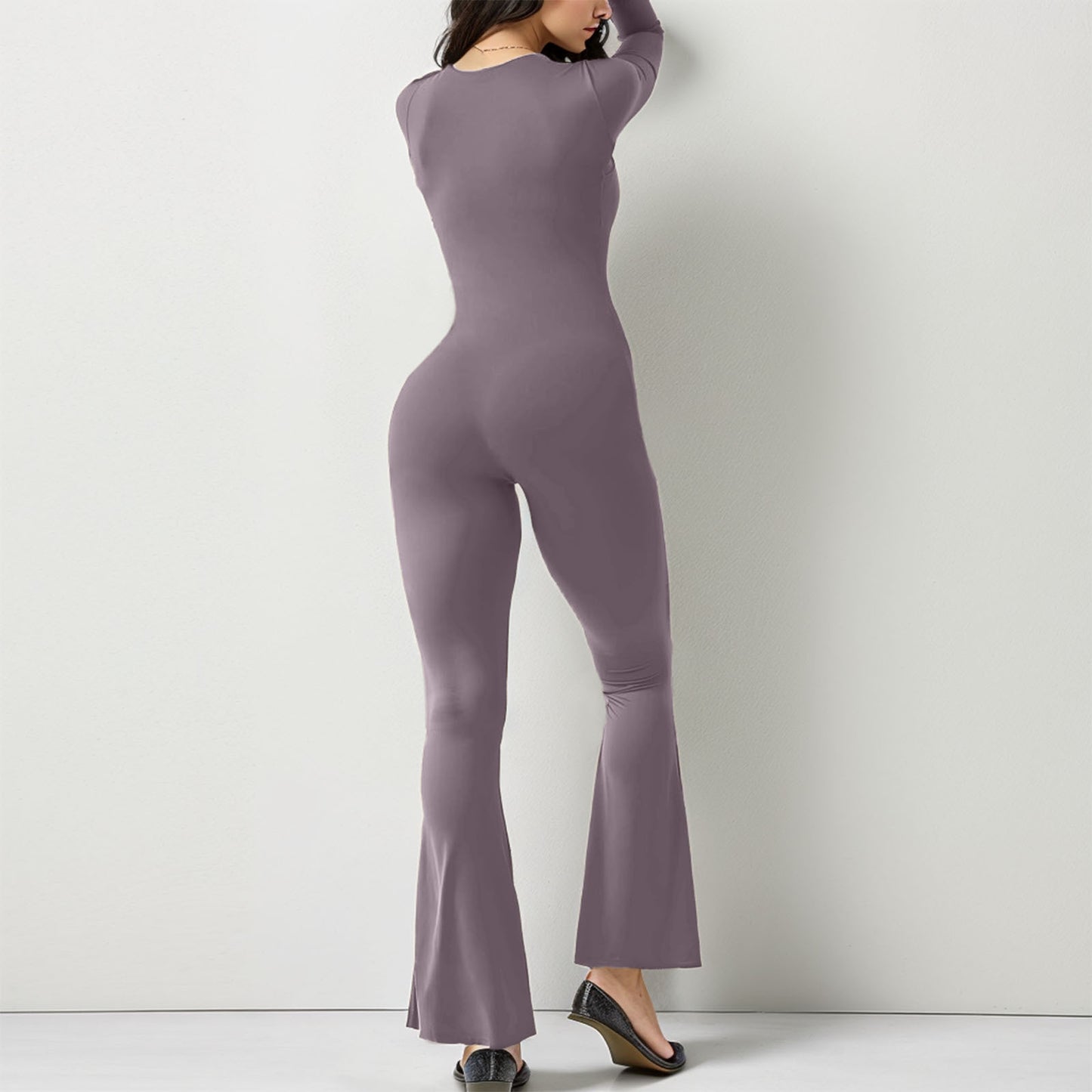 Square Collar Wide Leg High Elastic Jumpsuit for Women with Long Sleeve Belly Waist Shaping and Hip Lift